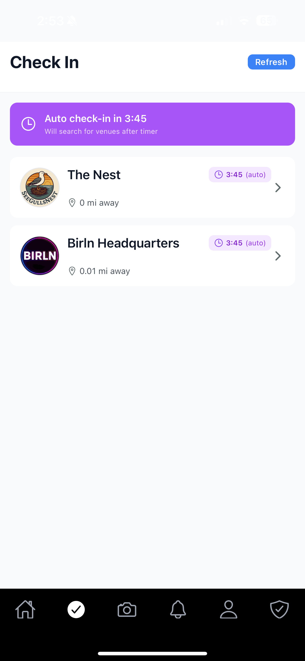 Check-in screen showing auto check-in timer and nearby venues