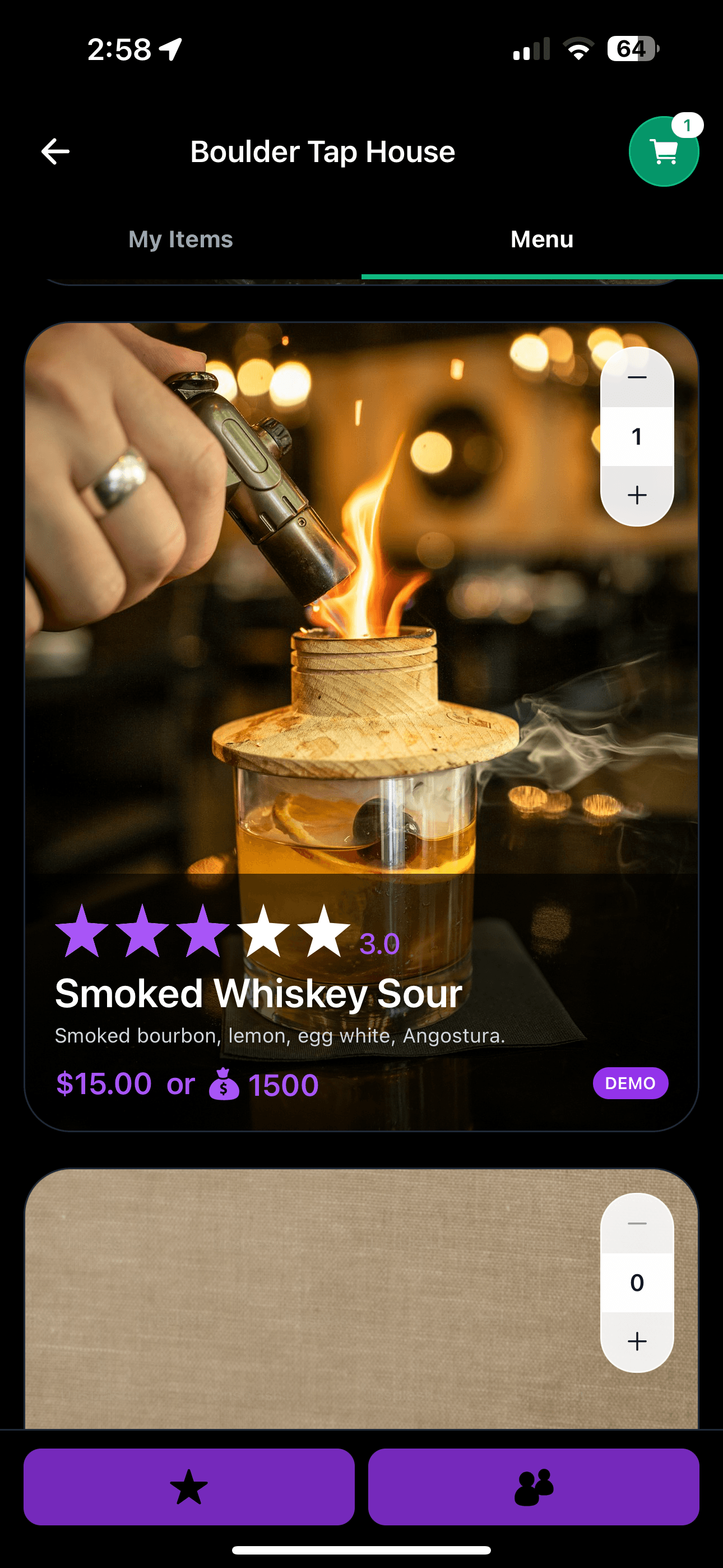 Menu ordering screen showing Smoked Whiskey Sour with quantity selector and cart