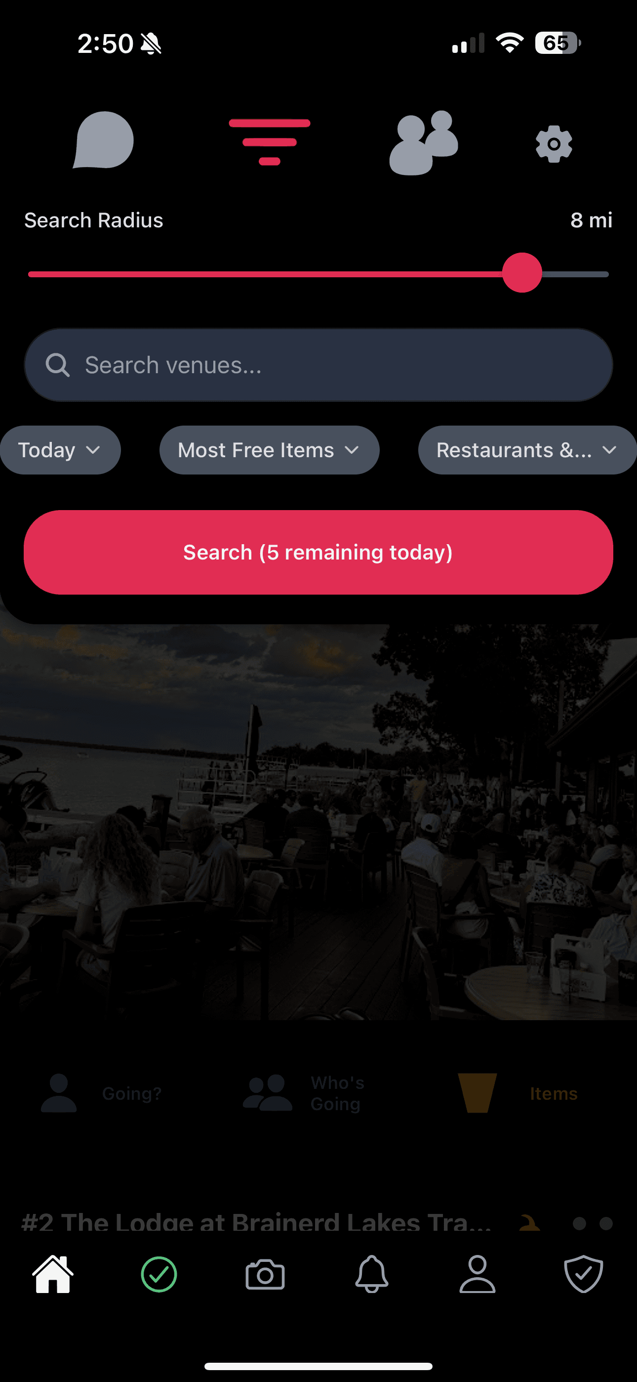 Spots filter screen showing search radius, filters, and venue discovery