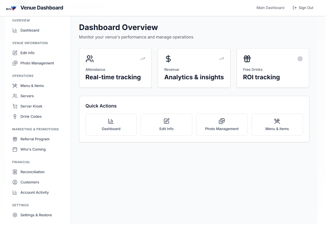 Venue dashboard with attendance tracking and revenue analytics