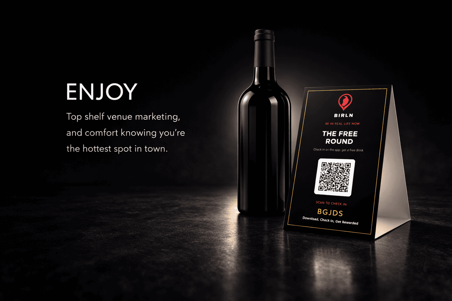 Birln venue marketing materials with QR codes and table tents